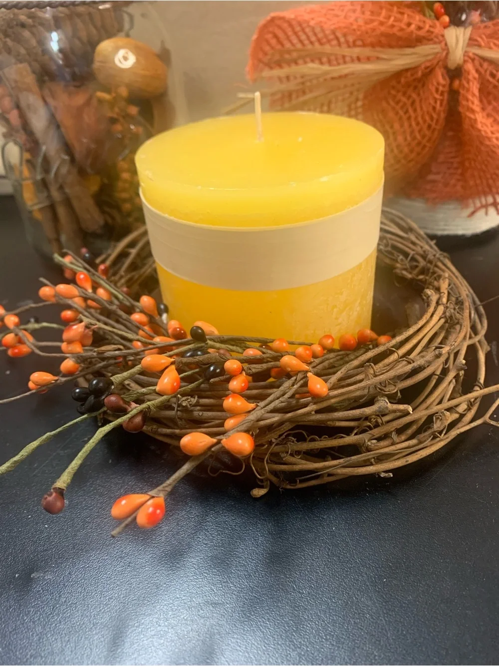 Orange Harvest Faux Berry Candle Table Accent - Unbranded. Inv 579
